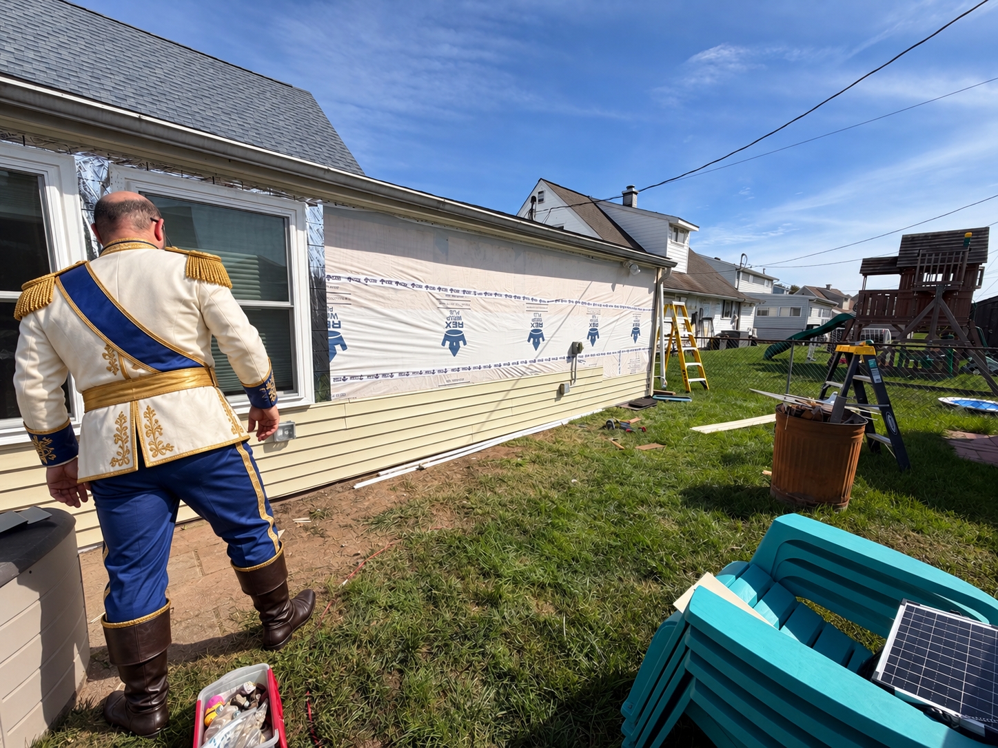 Prince Charming inspecting siding installation