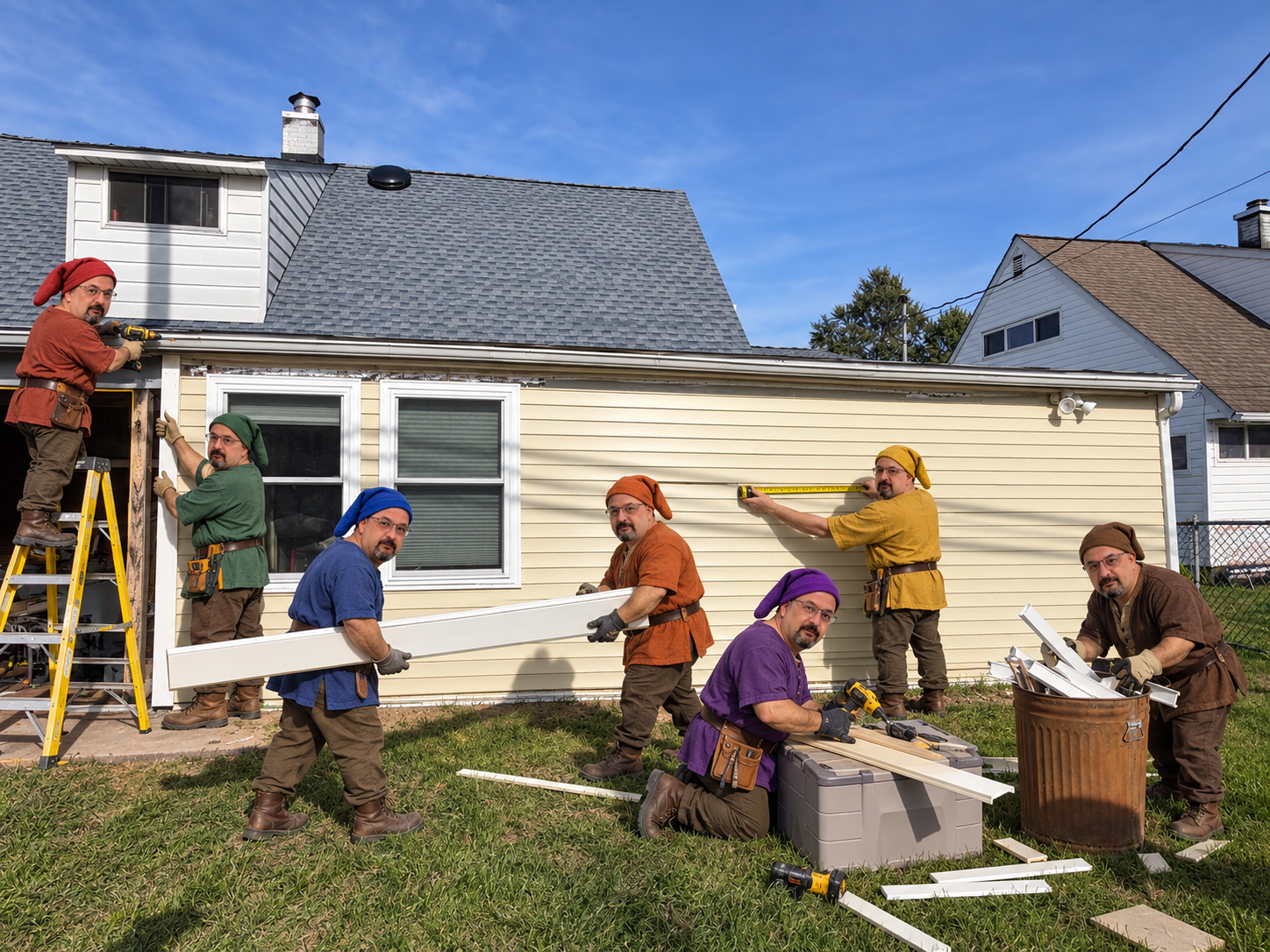 Seven dwarf versions of the homeowner in different colored caps working on the remaining exterior trim and cleanup