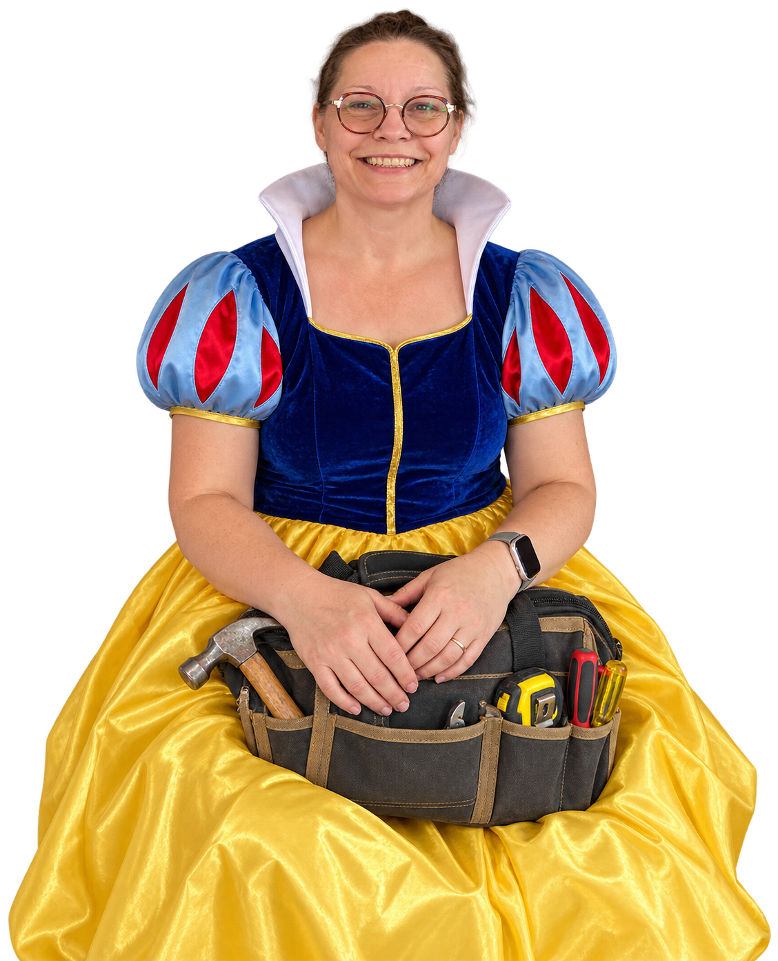 Snow White seated with a construction tool bag in her lap