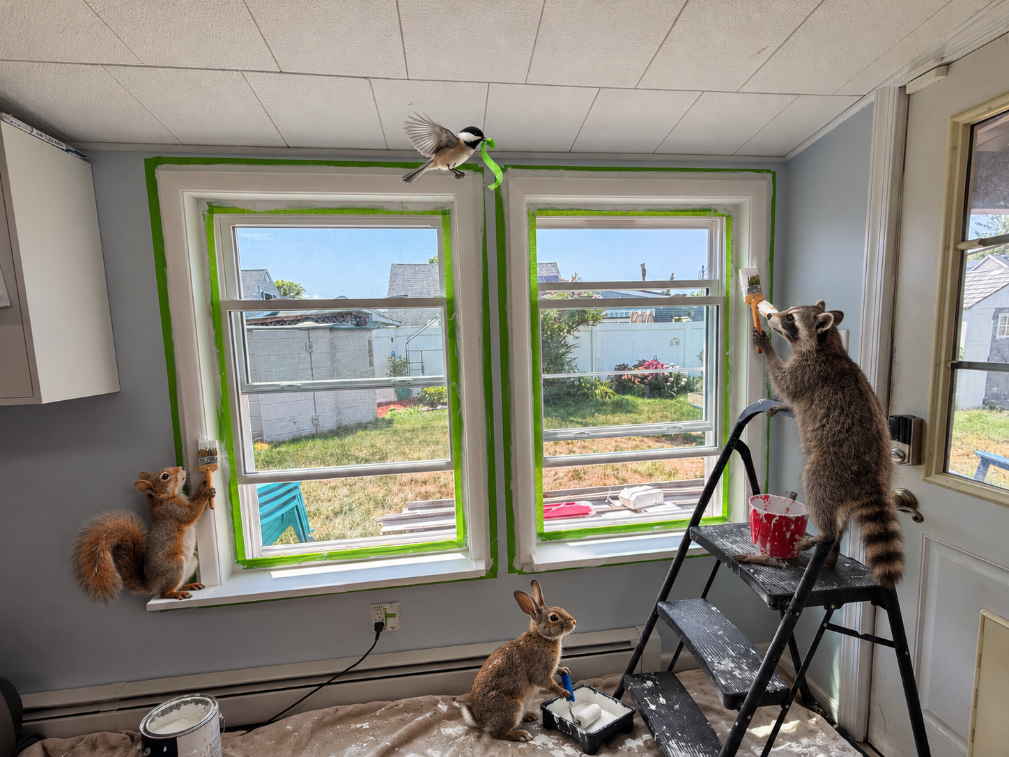 Woodland animals helping paint the white window trim while a bird carries green painter’s tape